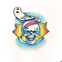 skull with legs riding a surfboard on a wave tattoo design idea