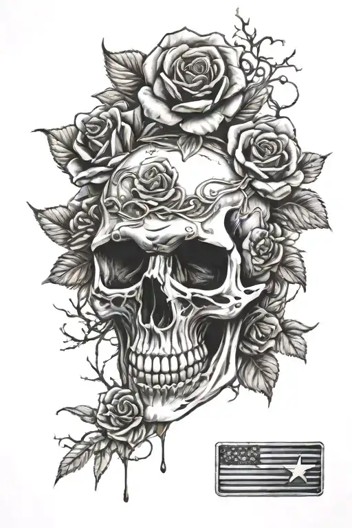 skull, roses, US Army Dog Tag tattoo design idea