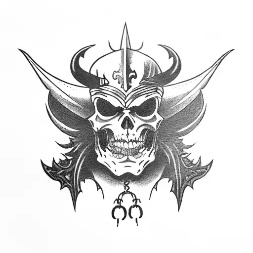 A demon on top of a black throne, dressed like a mix between a pirate captain and a businessman, pirate setting, mischie tattoo design idea