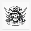 A demon on top of a black throne, dressed like a mix between a pirate captain and a businessman, pirate setting, mischie tattoo design idea