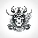 A demon on top of a black throne, dressed like a mix between a pirate captain and a businessman, pirate setting, mischie tattoo design idea