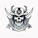 A demon on top of a black throne, dressed like a mix between a pirate captain and a businessman, pirate setting, mischie tattoo design idea