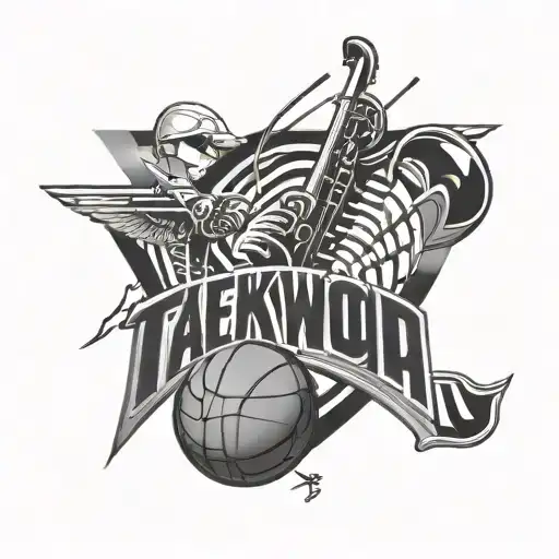 The name Scoop with piano, taekwondo and basketball inside the letters tattoo design idea