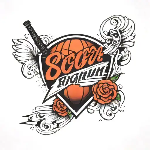The name Scoop with piano, taekwondo and basketball inside the leters tattoo design idea