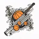 The name Scoop with piano, taekwondo and basketball inside the leters tattoo design idea