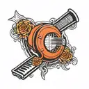 The name Scoop with piano, taekwondo and basketball inside the leters tattoo design idea
