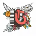 The name Scoop with piano, taekwondo and basketball inside the leters tattoo design idea