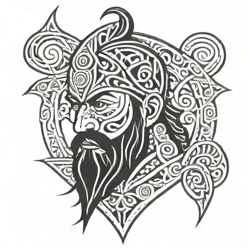 Gaelic warrior with beard and Gaelic pattern incorporating elements tattoo design idea