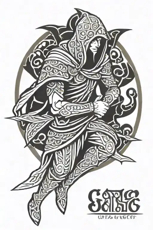hooded Gaelic warrior with Gaelic pattern background tattoo design idea