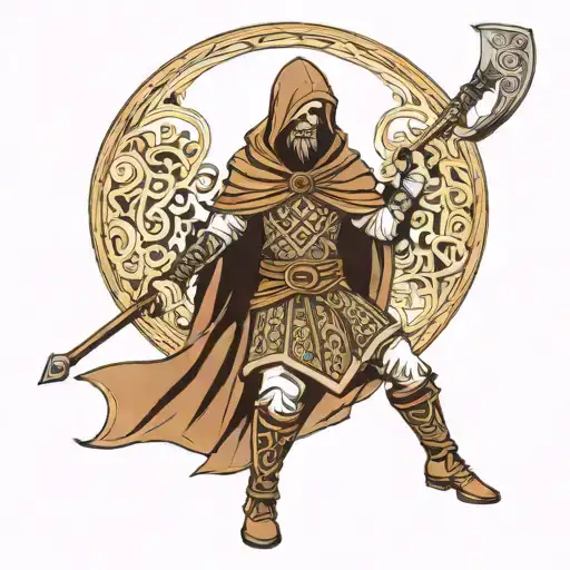 hooded Gaelic warrior with Gaelic pattern background tattoo design idea
