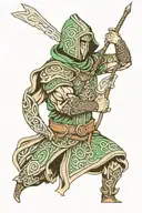 hooded Gaelic warrior with Gaelic pattern background tattoo design idea