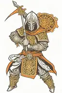 hooded Gaelic warrior with Gaelic pattern background tattoo design idea