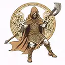 hooded Gaelic warrior with Gaelic pattern background tattoo design idea