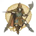 hooded Gaelic warrior with Gaelic pattern background tattoo design idea