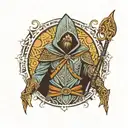 hooded Gaelic warrior with Gaelic pattern background tattoo design idea