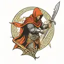 hooded Gaelic warrior with Gaelic pattern background tattoo design idea