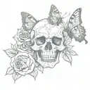 rose and skull and butterfly and cat tattoo design idea