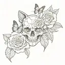rose and skull and butterfly and cat tattoo design idea