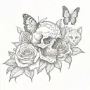 rose and skull and butterfly and cat tattoo design idea