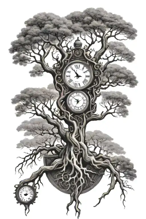 bare branch tree with thick roots and clock tattoo design idea
