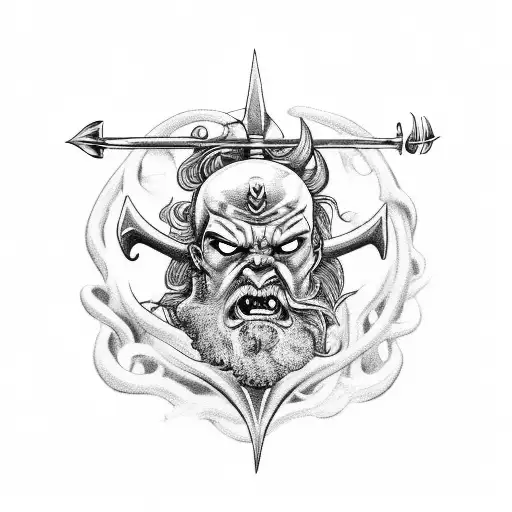 arm tattoo of angry poseidon showing muscular upper body holding a trident with sea waves in the background tattoo design idea