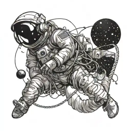 Astronaut floating in space with electrical wires forming constellations around them tattoo design idea
