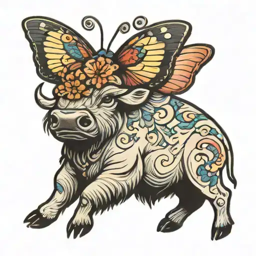 Buffalo with a butterfly loving    tattoo design idea