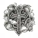 cross with vines wrapped and clouds surrounding tattoo design idea