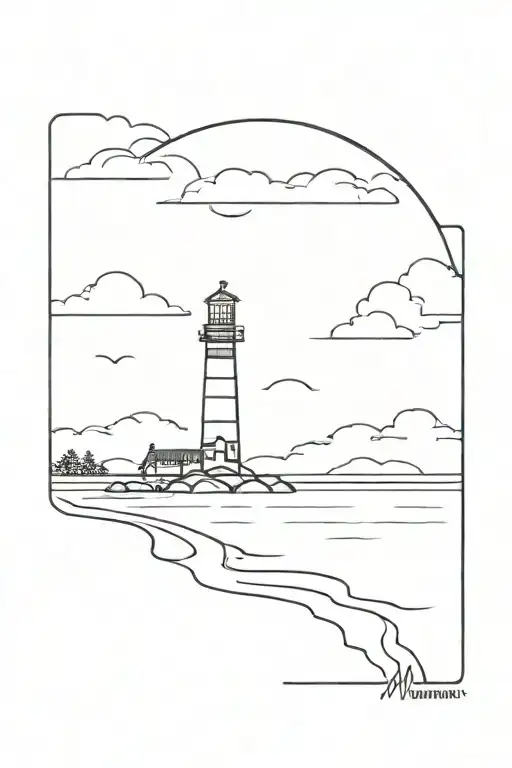 A SMALL BLACK AND WHITE LIGHTHOUSE ON A SHORE WITH MCMLXVII UNDER IT  tattoo design idea