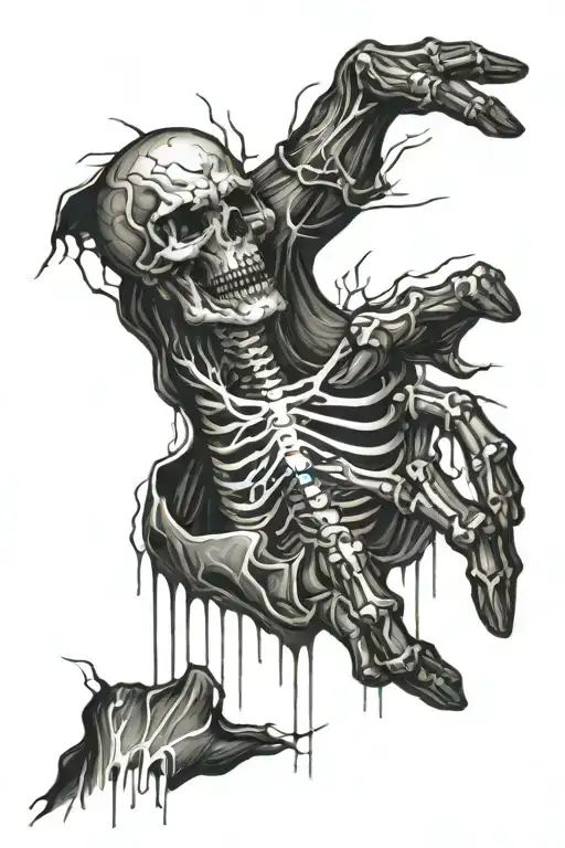 skeleton outline on hand going up arm exploding into horror tattoo design idea