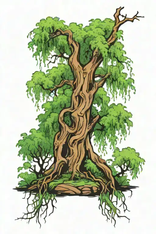 weeping willow with lots of leaves, the trunk winds a little on the arm, at the bottom of the trunk you can see a cemetery tattoo design idea