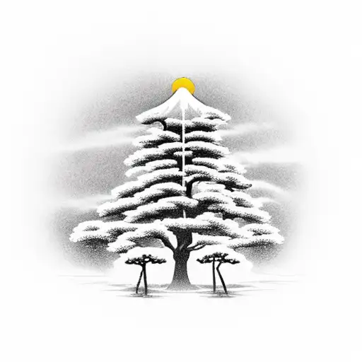 one japanese temple with a free trees around it and some phoenix flying above the temple tattoo design idea