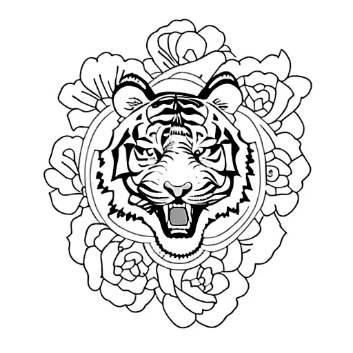 tiger walking with delicate flowers around it tattoo design idea
