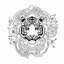 tiger walking with delicate flowers around it tattoo design idea