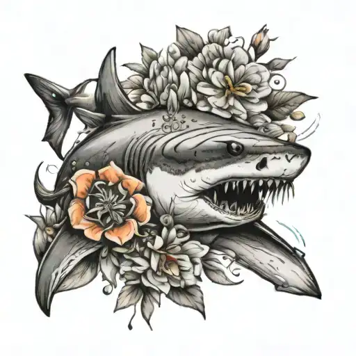 simple tiger shark with flowers wrapped tattoo design idea