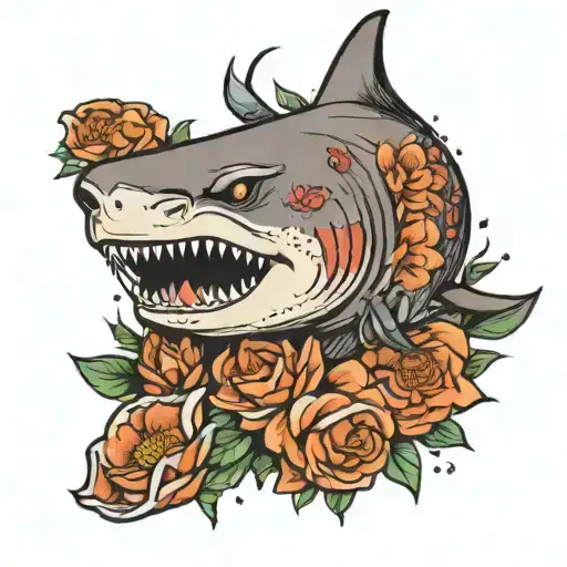 tiger shark with flowers wrapped tattoo design idea