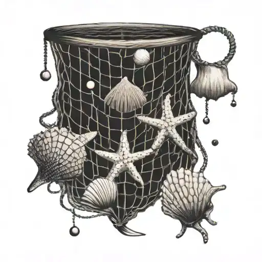 Incorporate a badminton net with sea shells and starfish in a dotwork style tattoo tattoo design idea