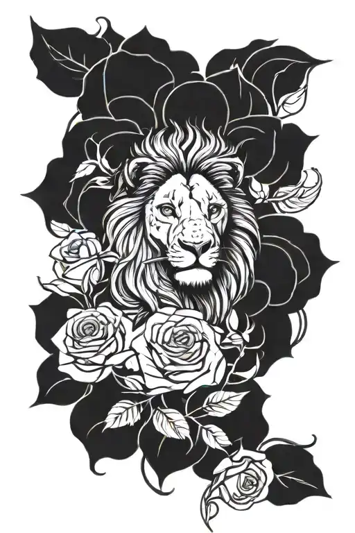 confident lion surrounded by 3 roses blooming tattoo design idea