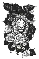 confident lion surrounded by 3 roses blooming tattoo design idea
