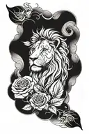 confident lion surrounded by 3 roses blooming tattoo design idea