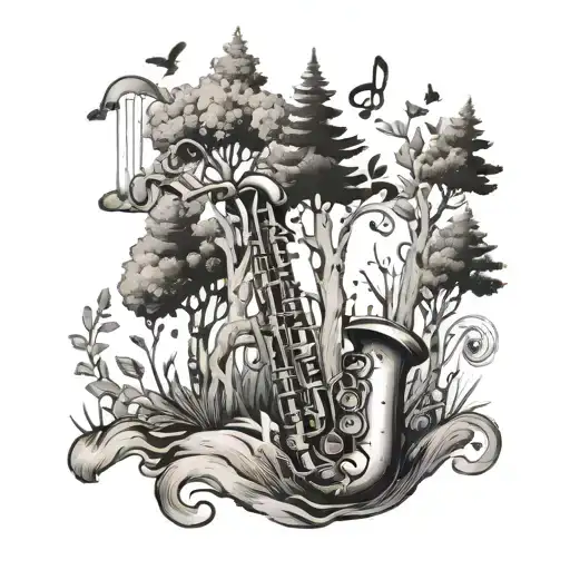 A sketch style tattoo of a whimsical musical forest with saxophones growing like trees and musical notes floating in the air tattoo design idea