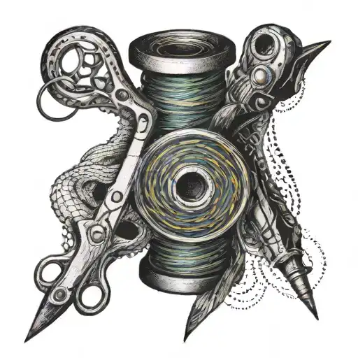Combine a spool of colorful thread with a pair of scissors in a dotwork style tattoo design idea