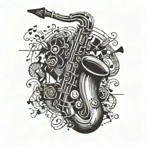 A detailed blackwork tattoo of a saxophone surrounded by musical notes and instruments tattoo design idea