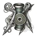 Combine a spool of colorful thread with a pair of scissors in a dotwork style tattoo design idea