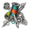 Combine a spool of colorful thread with a pair of scissors in a dotwork style tattoo design idea
