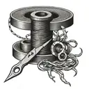 Combine a spool of colorful thread with a pair of scissors in a dotwork style tattoo design idea