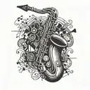 A detailed blackwork tattoo of a saxophone surrounded by musical notes and instruments tattoo design idea