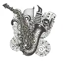 A detailed blackwork tattoo of a saxophone surrounded by musical notes and instruments tattoo design idea