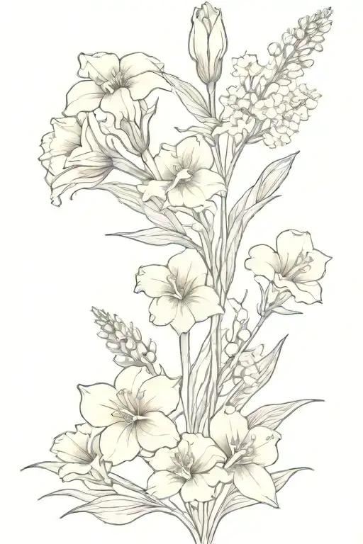 vintage flower bouquet carnation, violet, daffodil, larkspur, gladiolus tattoo design idea
