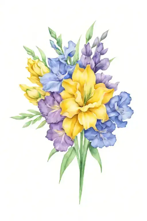minimalist flower bouquet carnation, violet, daffodil, larkspur, and gladiolus tattoo design idea